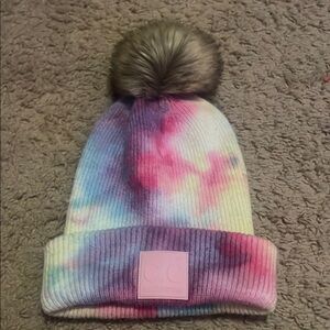 C.C Multicolor Tie-Dye Beanie with Pom Pom